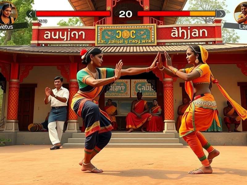 Kuchipudi Kicks Spectacle Gameplay Mechanics showing the Indian Classical Dance System with authentic regional Kuchipudi styles in a Vijayawada gurukul setting